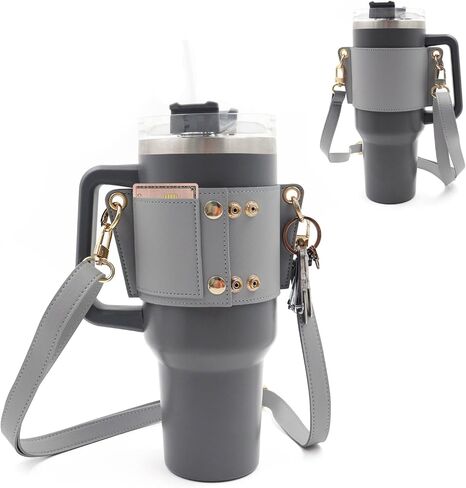 Leather Carrier Strap for Stanley 40 oz & 30 oz Tumbler with Handle - Cup Companion Water Bottle Holder with Adjustable Strap, Credit Card Holder, Keyring, for Stanley Cup Accessories in Saudi Arabia
