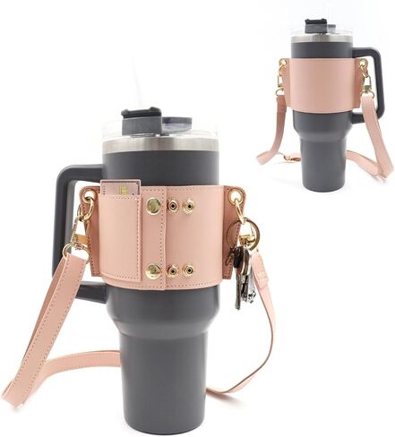 Leather Carrier Strap for Stanley 40 oz & 30 oz Tumbler with Handle - Cup Companion Water Bottle Holder with Adjustable Strap, Credit Card Holder, Keyring, for Stanley Cup Accessories in Saudi Arabia