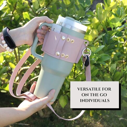 Leather Carrier Strap for Stanley 40 oz & 30 oz Tumbler with Handle - Cup Companion Water Bottle Holder with Adjustable Strap, Credit Card Holder, Keyring, for Stanley Cup Accessories in Saudi Arabia