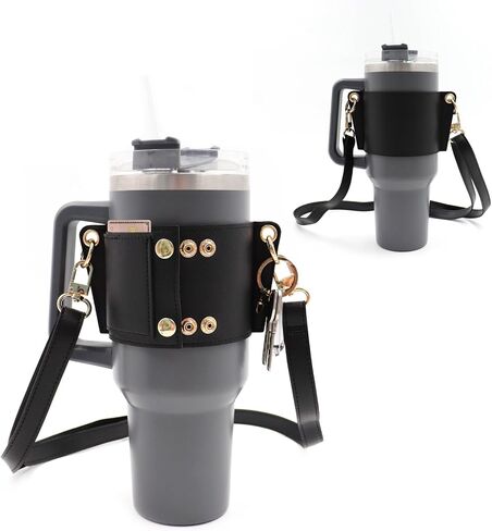 Leather Carrier Strap for Stanley 40 oz & 30 oz Tumbler with Handle - Cup Companion Water Bottle Holder with Adjustable Strap, Credit Card Holder, Keyring, for Stanley Cup Accessories in Saudi Arabia