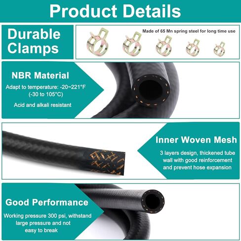 خرطوم خط الوقود 5 مقاسات 3/16 بوصة 1/4 بوصة 5/16 بوصة 3/8 بوصة 1/2 بوصة ID NBR مطاط 6.6 قدم مع 40 مشبك مرن للمحركات الصغيرة Kawasaki EZGO جزازات العشب الثلجية والجرارات والدراجات البخارية ATV Golf Cart Motorcycle in Kuwait