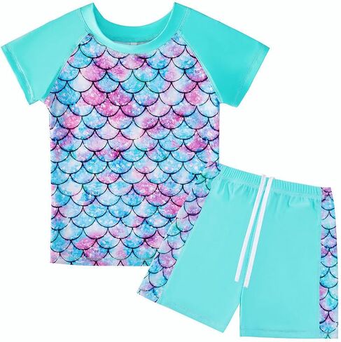 JiAmy Girls Swimsuits - Two Piece Bathing Suit Short Sleeve Rash Guard Set UPF 50+ Beach Swimwear for Kids 4-12 Years in Saudi Arabia
