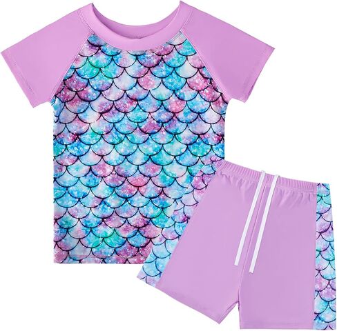 JiAmy Girls Swimsuits - Two Piece Bathing Suit Short Sleeve Rash Guard Set UPF 50+ Beach Swimwear for Kids 4-12 Years in Saudi Arabia
