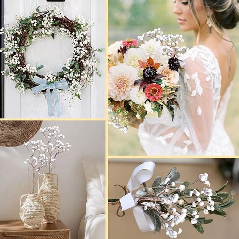 التوت الشحم المجفف، 220 جرام جذع طبيعي ديكور زهور الزفاف الأبيض هولي الشحم التوت، 2 حزم زهرة مجففة كرات بيلي زر باقة النبات نمط المزرعة زخرفة الزهور إكليل DIY الحرف اليدوية in Kuwait