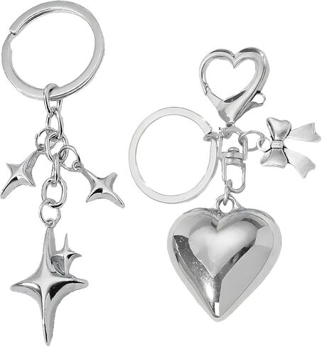 SMUOBT 2Pcs Silver Heart Keychains for Women, Aesthetic Bow Heart Keychain Cute Keyring for Girl Women Bag Backpack Charms in Saudi Arabia