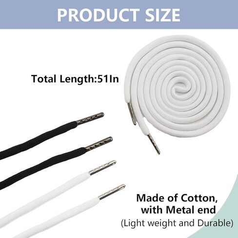 BOROLA 2Pcs 51 Inch Cotton Drawstring Cord Replacement Drawstrings for Sweatpants and Shorts，Universal Drawstring Hoodies，Premium Hoodie String Replacement，with Easy Metal Threader.（Black+White in Kuwait
