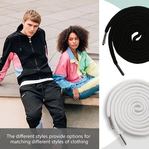 BOROLA 2Pcs 51 Inch Cotton Drawstring Cord Replacement Drawstrings for Sweatpants and Shorts，Universal Drawstring Hoodies，Premium Hoodie String Replacement，with Easy Metal Threader.（Black+White in Kuwait