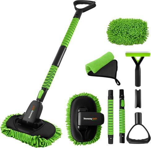YeewayVeh Car Wash Kit, Extendable Car Wash Brush with Long Handle, 55 inch Car Wash Mop with Replacement Microfiber Brush Head, Large D-Shape Handle & Window Squeegee Car Cleaning Tools, Green in Saudi Arabia