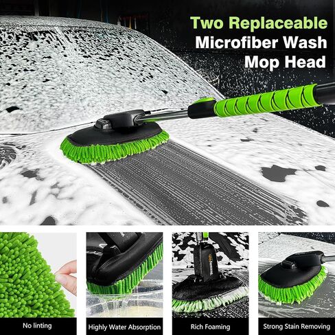 YeewayVeh Car Wash Kit, Extendable Car Wash Brush with Long Handle, 55 inch Car Wash Mop with Replacement Microfiber Brush Head, Large D-Shape Handle & Window Squeegee Car Cleaning Tools, Green in Saudi Arabia