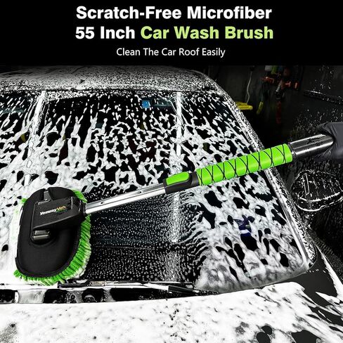 YeewayVeh Car Wash Kit, Extendable Car Wash Brush with Long Handle, 55 inch Car Wash Mop with Replacement Microfiber Brush Head, Large D-Shape Handle & Window Squeegee Car Cleaning Tools, Green in Saudi Arabia