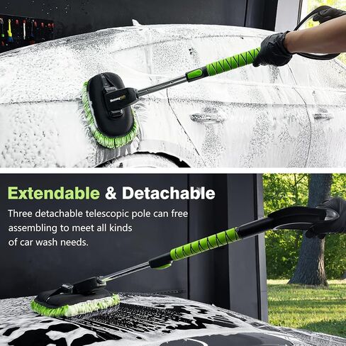YeewayVeh Car Wash Kit, Extendable Car Wash Brush with Long Handle, 55 inch Car Wash Mop with Replacement Microfiber Brush Head, Large D-Shape Handle & Window Squeegee Car Cleaning Tools, Green in Saudi Arabia