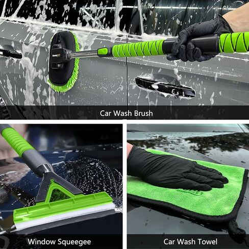 YeewayVeh Car Wash Kit, Extendable Car Wash Brush with Long Handle, 55 inch Car Wash Mop with Replacement Microfiber Brush Head, Large D-Shape Handle & Window Squeegee Car Cleaning Tools, Green in Saudi Arabia