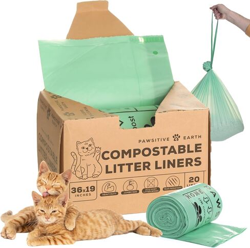 Cat Litter Box Liners 100% Compostable - Drawstring Close - 6 Count - Jumbo Size 36" x 19" - Tear & Leak Resistant - OK Compost Home Certified in Kuwait