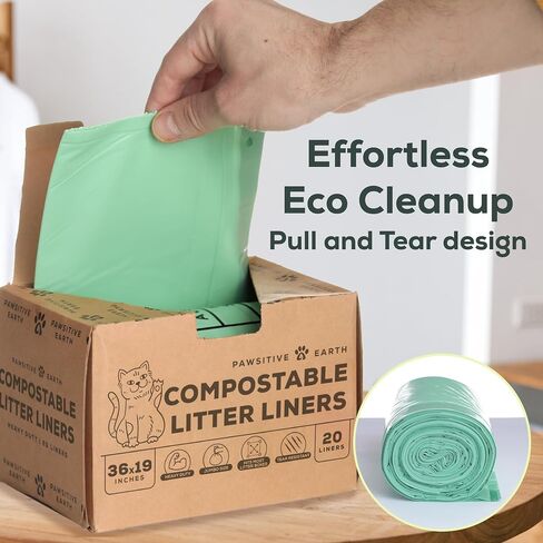 Cat Litter Box Liners 100% Compostable - Drawstring Close - 6 Count - Jumbo Size 36" x 19" - Tear & Leak Resistant - OK Compost Home Certified in Kuwait
