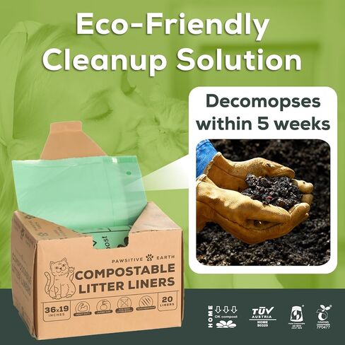 Cat Litter Box Liners 100% Compostable - Drawstring Close - 6 Count - Jumbo Size 36" x 19" - Tear & Leak Resistant - OK Compost Home Certified in Kuwait