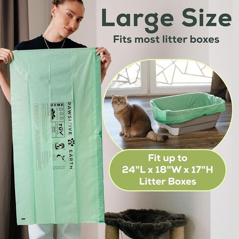 Cat Litter Box Liners 100% Compostable - Drawstring Close - 6 Count - Jumbo Size 36" x 19" - Tear & Leak Resistant - OK Compost Home Certified in Kuwait