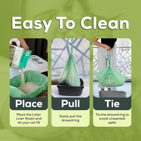 Cat Litter Box Liners 100% Compostable - Drawstring Close - 6 Count - Jumbo Size 36" x 19" - Tear & Leak Resistant - OK Compost Home Certified in Kuwait