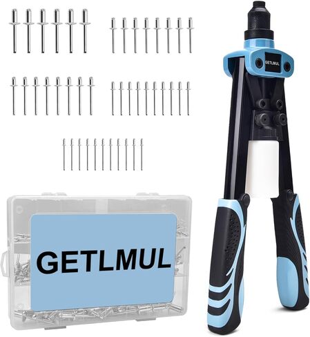 GETLMUL Rivet Gun, 13" Heavy Duty Dual Hand Riveter Tool Set with 210 Rivets and 5 Nosepieces- for Metal, Plastic, and Leather in Kuwait