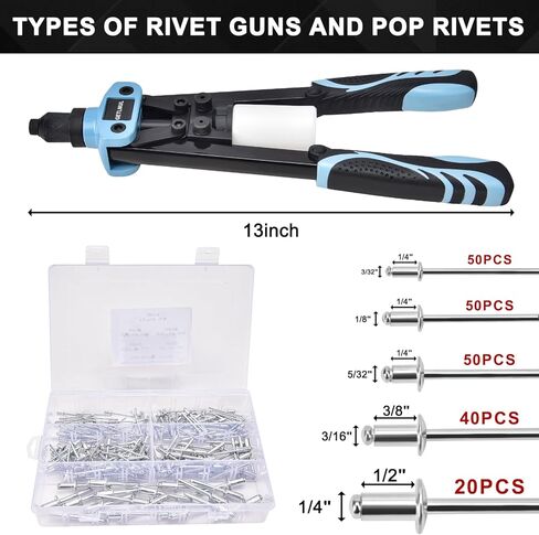 GETLMUL Rivet Gun, 13" Heavy Duty Dual Hand Riveter Tool Set with 210 Rivets and 5 Nosepieces- for Metal, Plastic, and Leather in Kuwait