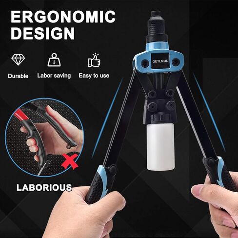 GETLMUL Rivet Gun, 13" Heavy Duty Dual Hand Riveter Tool Set with 210 Rivets and 5 Nosepieces- for Metal, Plastic, and Leather in Kuwait