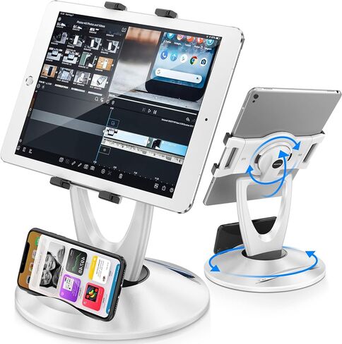 حامل DeskLogics iPad للمكتب، حامل الكمبيوتر اللوحي - من 6 بوصة إلى 13 بوصة - ثابت وقابل للتعديل - زاوية دوارة 360 درجة لقلم iPad حامل للمتجر، وأكشاك البيع بالتجزئة، والاستقبال، والمكتب المنزلي، وأفكار الهدايا - أبيض in Saudi Arabia
