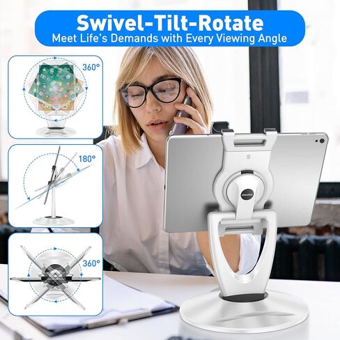 حامل DeskLogics iPad للمكتب، حامل الكمبيوتر اللوحي - من 6 بوصة إلى 13 بوصة - ثابت وقابل للتعديل - زاوية دوارة 360 درجة لقلم iPad حامل للمتجر، وأكشاك البيع بالتجزئة، والاستقبال، والمكتب المنزلي، وأفكار الهدايا - أبيض in Saudi Arabia