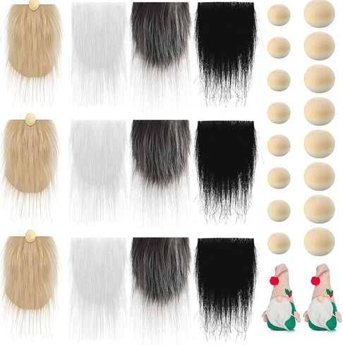 CheeseandU 12 Pcs Precut Gnome Beard Faux Fur Costume Beard Handmade Dwarf Beard with 12 Wooden Balls for Easter Spring Summer Home Decor (White, Black, Khaki, Grey) in Kuwait