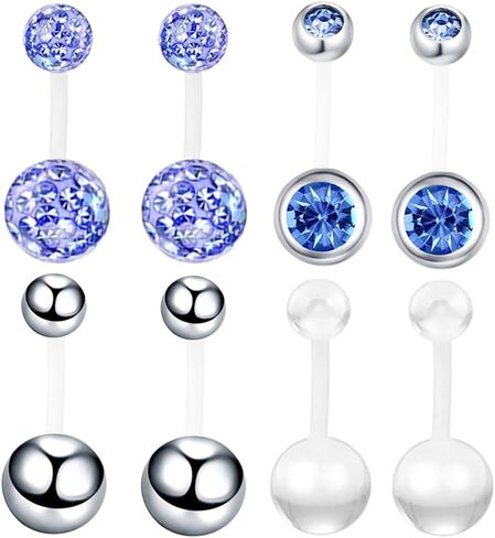 8pc 10/12mm Flexible Acrylic Bar Navel Short Belly Button Ring Barbell Coated CZ Crystal Ball Body Piercing Jewelry Set Bioflex Retainer in Saudi Arabia