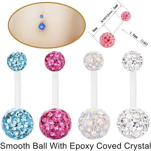 8pc 10/12mm Flexible Acrylic Bar Navel Short Belly Button Ring Barbell Coated CZ Crystal Ball Body Piercing Jewelry Set Bioflex Retainer in Saudi Arabia