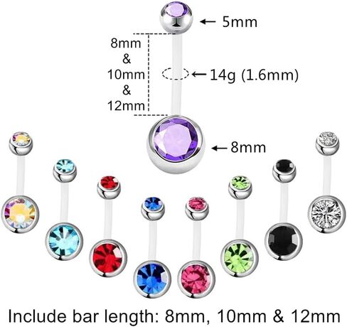 8pc 10/12mm Flexible Acrylic Bar Navel Short Belly Button Ring Barbell Coated CZ Crystal Ball Body Piercing Jewelry Set Bioflex Retainer in Saudi Arabia