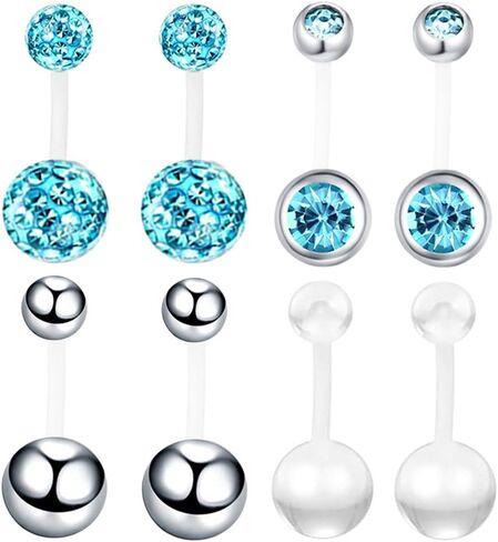 8pc 10/12mm Flexible Acrylic Bar Navel Short Belly Button Ring Barbell Coated CZ Crystal Ball Body Piercing Jewelry Set Bioflex Retainer in Saudi Arabia
