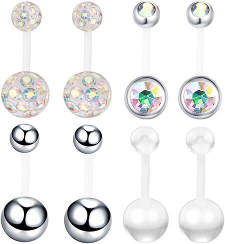 8pc 10/12mm Flexible Acrylic Bar Navel Short Belly Button Ring Barbell Coated CZ Crystal Ball Body Piercing Jewelry Set Bioflex Retainer in Saudi Arabia