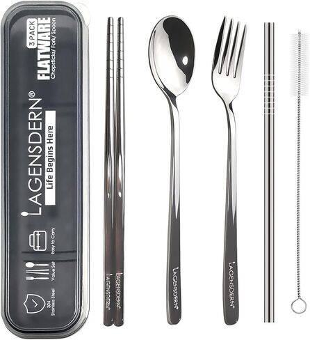 Premium Travel Utensils Set, Stainless Steel Cutlery Set, Reusable Flatware, Chopsticks Fork Spoon Silverware Set, Pocket Utensils for Picnic, Camping and Travel，Straws and Cleaning Brush in Saudi Arabia