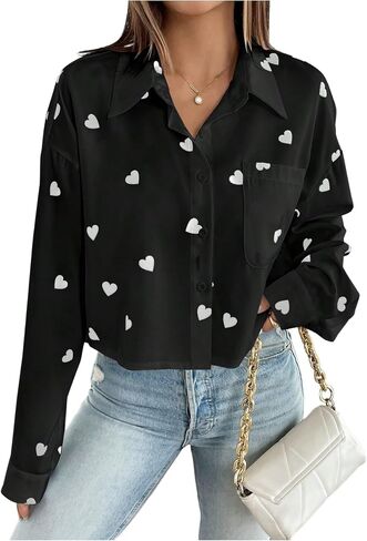 SweatyRocks Women's Long Sleeve Blouses Collared Button Down Shirts Heart Print Oversized Crop Tops in Saudi Arabia