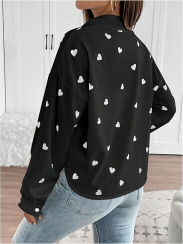 SweatyRocks Women's Long Sleeve Blouses Collared Button Down Shirts Heart Print Oversized Crop Tops in Saudi Arabia