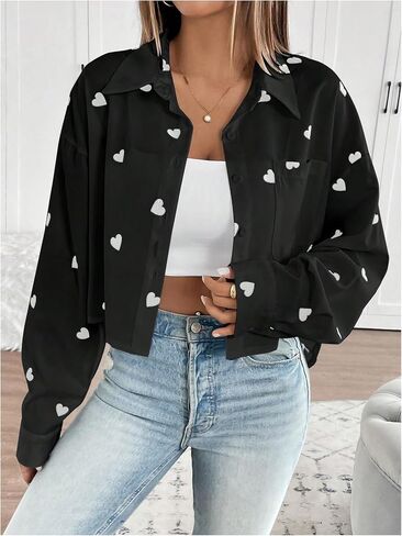 SweatyRocks Women's Long Sleeve Blouses Collared Button Down Shirts Heart Print Oversized Crop Tops in Saudi Arabia