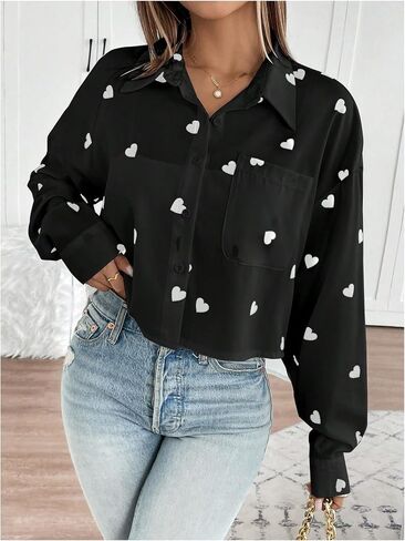 SweatyRocks Women's Long Sleeve Blouses Collared Button Down Shirts Heart Print Oversized Crop Tops in Saudi Arabia