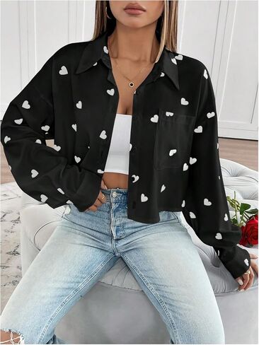 SweatyRocks Women's Long Sleeve Blouses Collared Button Down Shirts Heart Print Oversized Crop Tops in Saudi Arabia