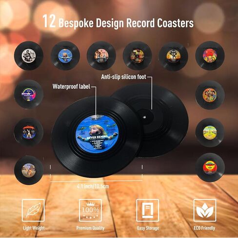 مجموعة Vintage Vinyl Records Set 12 قطعة-الوقايات المشروبات غير الماصة غير المنقولة ، هدية مثالية لعشاق الموسيقى والديكور الرجعية (M3) in Kuwait