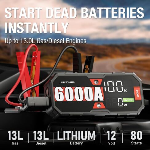Portable Car Battery Jump Starter 8000 Peak Amp / 960 Cold Cranking Amp 12V Smart Display Jumper Cables with Force Start for Car Booster Start Box for 10L Gas/8L Diesel Engines, 48 Months Standby in Saudi Arabia