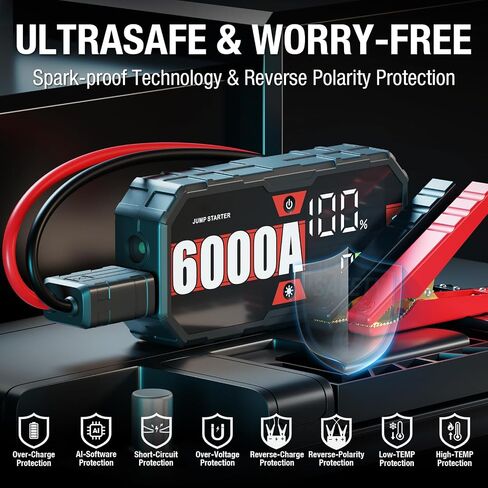 Portable Car Battery Jump Starter 8000 Peak Amp / 960 Cold Cranking Amp 12V Smart Display Jumper Cables with Force Start for Car Booster Start Box for 10L Gas/8L Diesel Engines, 48 Months Standby in Saudi Arabia