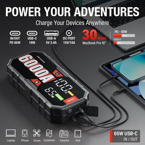 Portable Car Battery Jump Starter 8000 Peak Amp / 960 Cold Cranking Amp 12V Smart Display Jumper Cables with Force Start for Car Booster Start Box for 10L Gas/8L Diesel Engines, 48 Months Standby in Saudi Arabia
