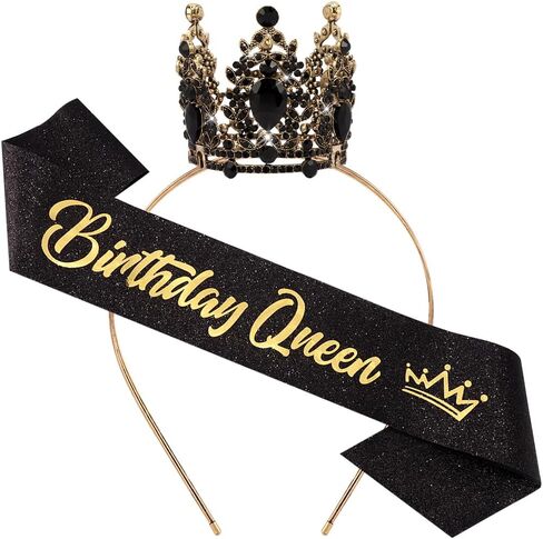 Birthday Queen Sash for Women Tiara & Crowns Headbands for Girls Happy Birthday Party Accessories Favor Supllies Leona Black Silver Pink, 2 Pack in Saudi Arabia