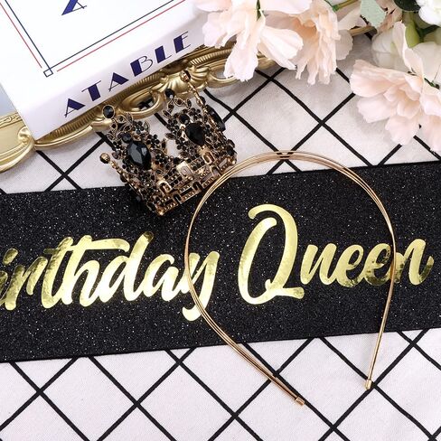 Birthday Queen Sash for Women Tiara & Crowns Headbands for Girls Happy Birthday Party Accessories Favor Supllies Leona Black Silver Pink, 2 Pack in Saudi Arabia
