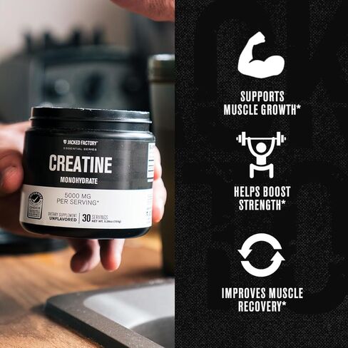 Jacked Factory Creatine Monohydrate Stick Packs 150g - 5g Daily Creatine Supplement for Men and Women, Vegan-Friendly, Third-Party Tested - 30 Servings, Unflavored in Kuwait