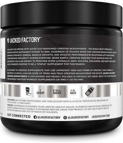Jacked Factory Creatine Monohydrate Stick Packs 150g - 5g Daily Creatine Supplement for Men and Women, Vegan-Friendly, Third-Party Tested - 30 Servings, Unflavored in Kuwait