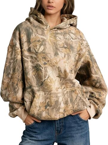 Ythomm Womens Camo Hoodies Maple Leaf Print Oversized Hooded Sweatshirts Drop Shoulder Camouflage Fleece Hoodie With Pocket in Saudi Arabia