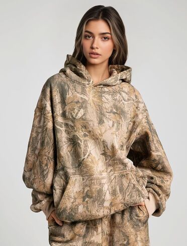 Ythomm Womens Camo Hoodies Maple Leaf Print Oversized Hooded Sweatshirts Drop Shoulder Camouflage Fleece Hoodie With Pocket in Saudi Arabia
