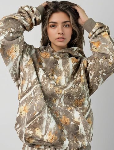 Ythomm Womens Camo Hoodies Maple Leaf Print Oversized Hooded Sweatshirts Drop Shoulder Camouflage Fleece Hoodie With Pocket in Saudi Arabia
