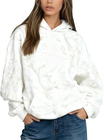 Ythomm Womens Camo Hoodies Maple Leaf Print Oversized Hooded Sweatshirts Drop Shoulder Camouflage Fleece Hoodie With Pocket in Saudi Arabia